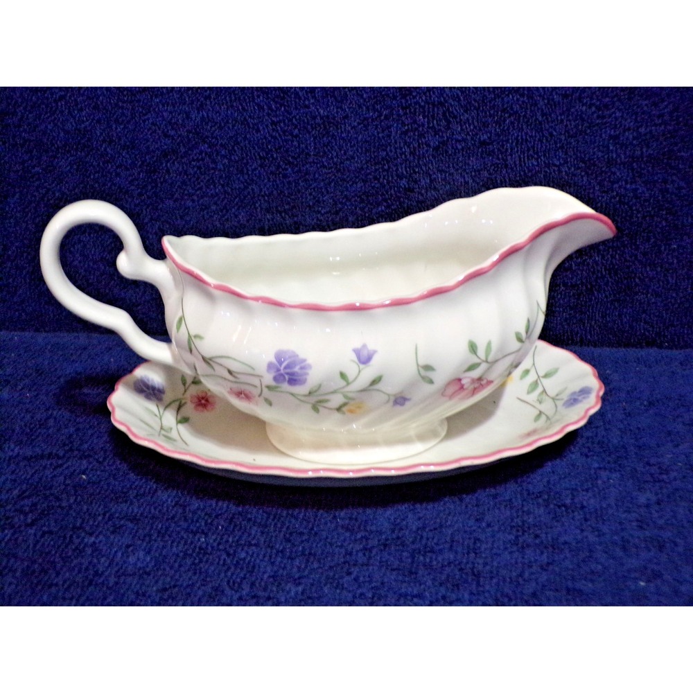 Johnson Brothers "Summer Chintz" Earthenware Pastel Gravy Boat w/Underplate